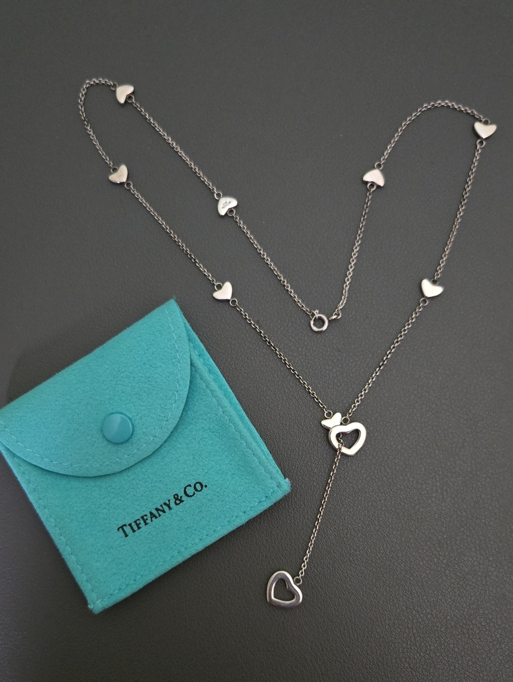 Tiffany & Co Sterling Silver Heart Link Drop Dangle Lariat Necklace